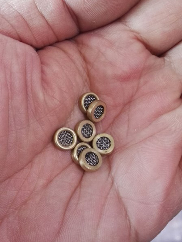 A person holding seven brass border filter discs in his hand