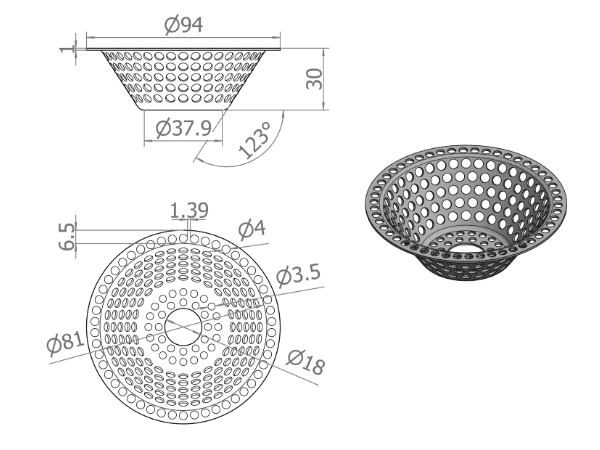 The side view and top view of custom bowl-shape perforated filter 1 and its sizes