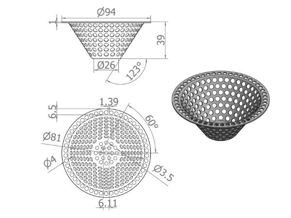 The side view and top view of custom bowl-shape perforated filter 2 and its sizes