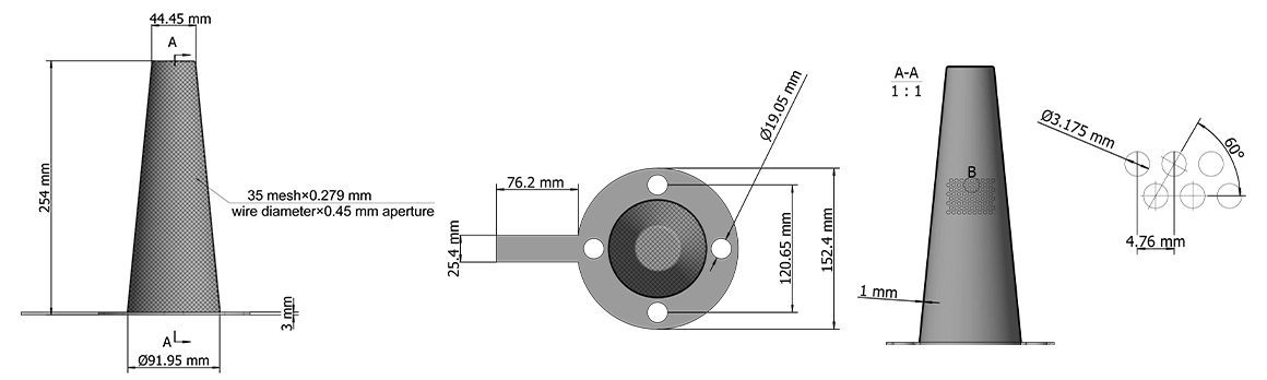 A drawing of a basket filter featuring front, side, and top views with dimension annotations.