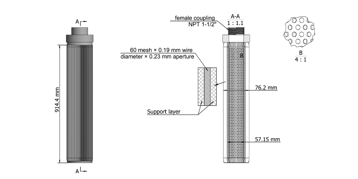 A cutom polymer melt filter element drawing shows dimensions and structures.