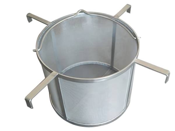 A stainless steel mesh strainer with reinforced bars and hooks and a handle.