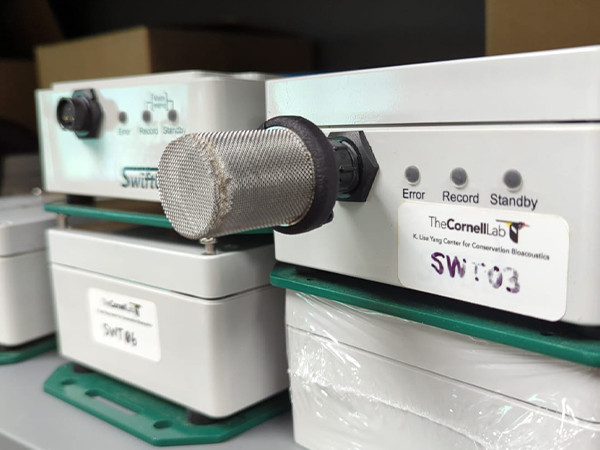 4 acoustic recorders are displayed, with one installed with a woven wire mesh cylinder