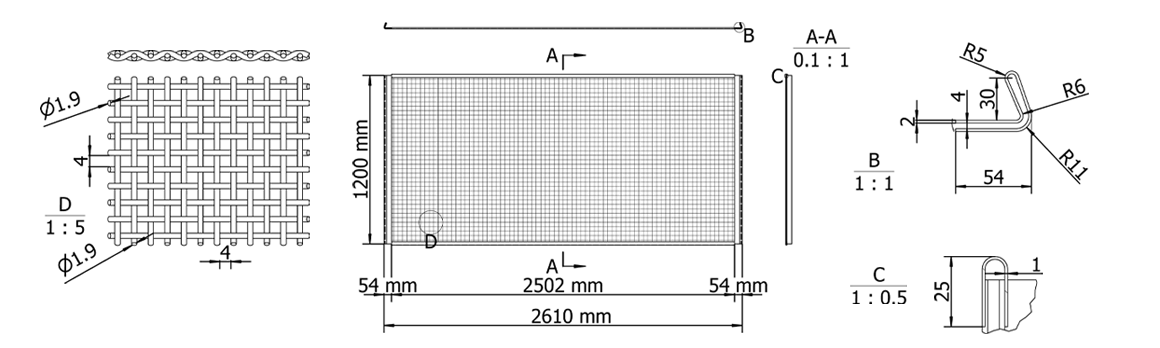 Dimensional drawing of white sugar scalping screen mesh