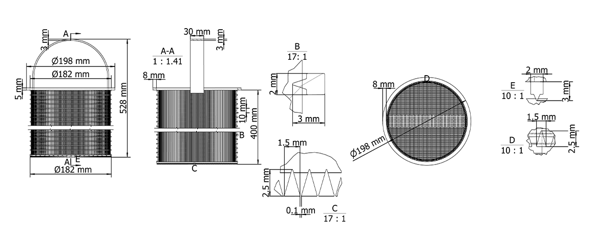 A drawing of wedge wire screen filter basket.